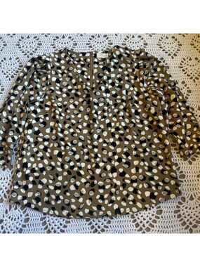 Women’s XL Melloday Blouse  Brown Tan Black V Neck Puff Sleeve Zipper Back